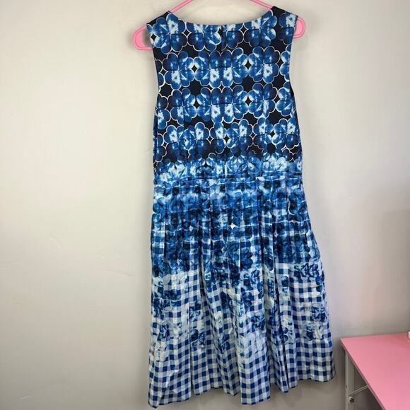 Talbots Blue Floral Ombre Gingham Plaid Printed Fit and Flare Pleated Dress 8 - Picture 6 of 8